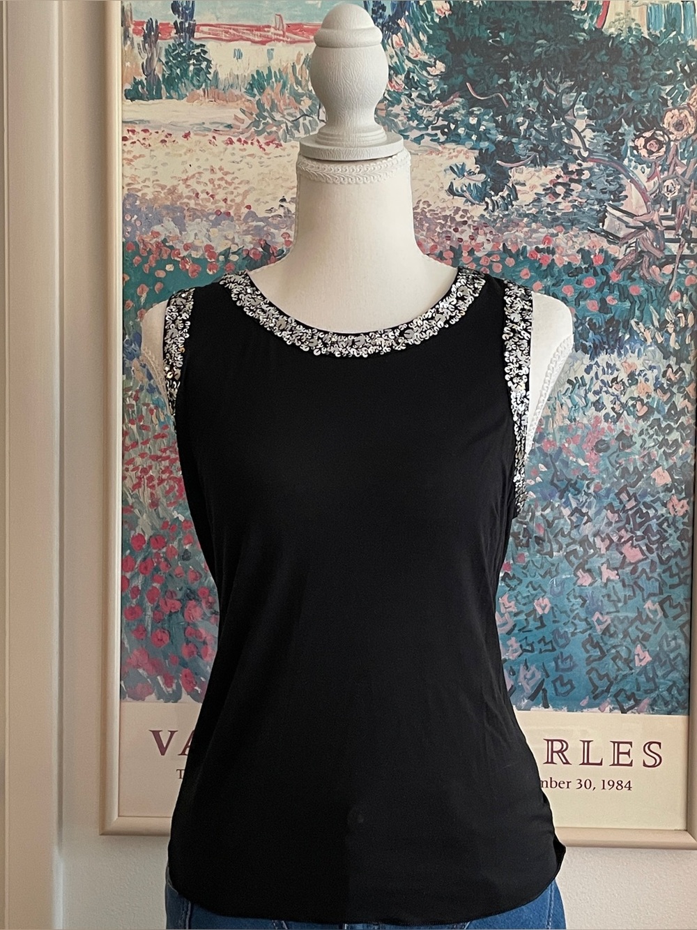 BCBG Black Sequin Tank Top Small Open Back Glam Indie Sleaze Going Out Y2K